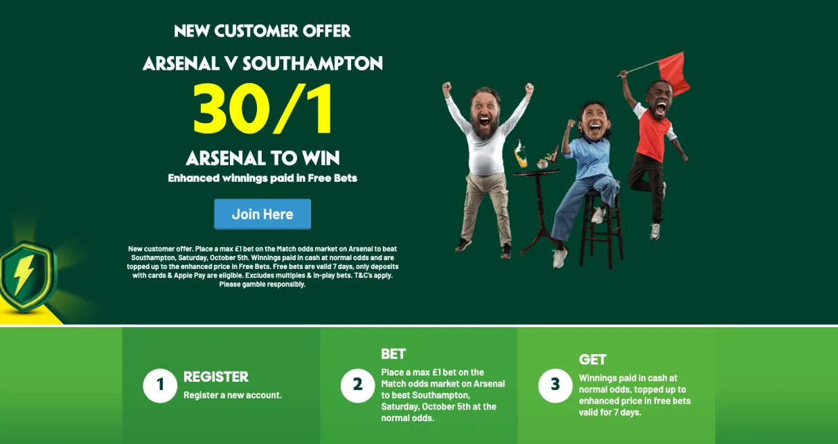 Paddy Power Welcome Offer: Get 30/1 on Arsenal To Win vs Southampton